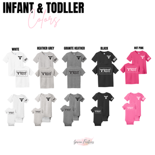 Abbott Ranch front pocket and back Kansas logo infant and toddler tees and onesies in white, heather grey, granite heather, black, and hot pink
