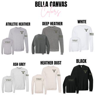 Bella Canvas Abbott Ranch sage front pocket and back Kansas logo crewnecks in athletic heather, deep heather, white, ash grey, heather dust, and black