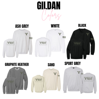 Gildan Abbott Ranch sage front pocket and back Kansas logo crewnecks in ash grey, white, black, graphite heather, sand, and sport grey