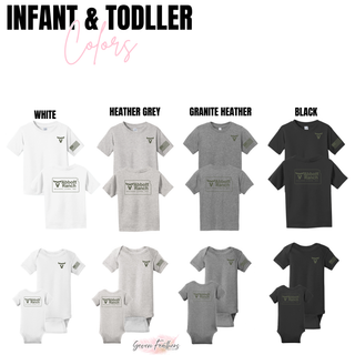 Abbott Ranch sage front pocket and back Kansas logo infant and toddler tees and onesies in white, heather grey, granite heather, and black
