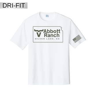 White dri-fit performance tee with sage Abbott Ranch Kansas state logo and Silver Lake KS text on front and sage American flag on sleeve