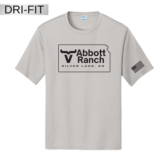 Silver dri-fit performance tee with Abbott Ranch Kansas state logo and Silver Lake KS text on front and American flag on sleeve