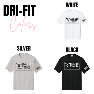 Abbott Ranch American Flag Sleeve Kansas Logo dri-fit performance tees in white, silver, and black