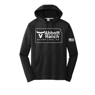 Black Abbott Ranch American Flag Sleeve Kansas Logo performance hoodie with Kansas state logo and Silver Lake KS text on front and American flag on sleeve