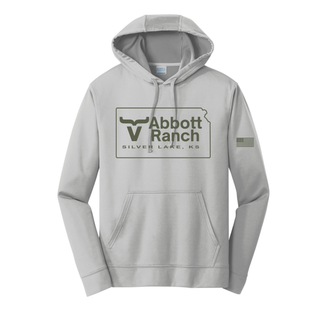 Silver performance hoodie with sage ink Abbott Ranch Kansas state outline logo and American flag on sleeve
