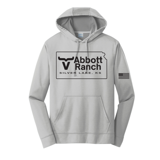 Silver Abbott Ranch American Flag Sleeve Kansas Logo performance hoodie with Kansas state logo and Silver Lake KS text on front and American flag on sleeve