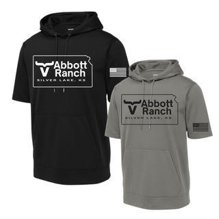 Abbott Ranch American Flag Sleeve Kansas Logo short sleeve hoodies in black and dark smokey grey with Silver Lake KS design on front and American flag on sleeve