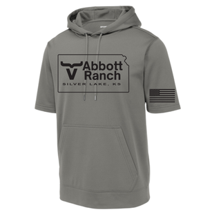 Dark smokey grey Abbott Ranch American Flag Sleeve Kansas Logo short sleeve hoodie with Kansas state logo and Silver Lake KS text on front and American flag on sleeve