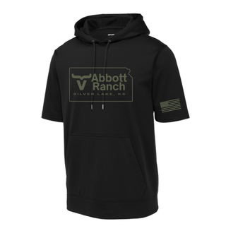 Black short sleeve hoodie with sage ink Abbott Ranch Kansas logo Silver Lake KS and American flag on sleeve