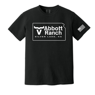 Black Comfort Colors tee with Abbott Ranch Kansas state logo Silver Lake KS design on front and American flag on sleeve