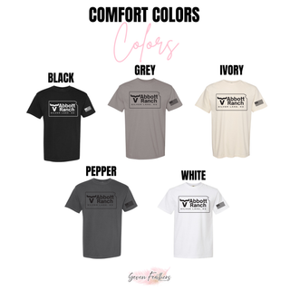 Abbott Ranch American Flag Sleeve Kansas Logo Comfort Colors tees in black, grey, ivory, pepper, and white