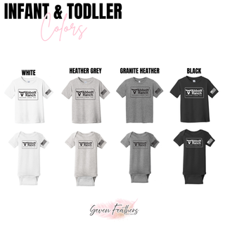 Abbott Ranch American Flag Sleeve Kansas Logo infant onesies and toddler tees in white, heather grey, granite heather, and black