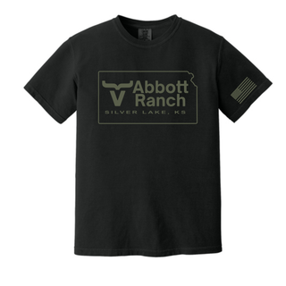 Black Comfort Colors tee with Abbott Ranch Kansas state logo Silver Lake KS design and American flag sleeve in sage ink
