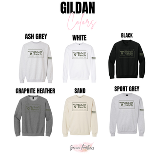 Gildan Abbott Ranch Kansas logo sage ink crewnecks in ash grey, white, black, graphite heather, sand, and sport grey