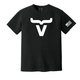 Black Comfort Colors tee with large centered Abbott Ranch bull horn logo and American flag sleeve
