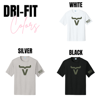 Abbott Ranch sage large brand logo dri-fit performance tops in white, silver, and black with American flag sleeve