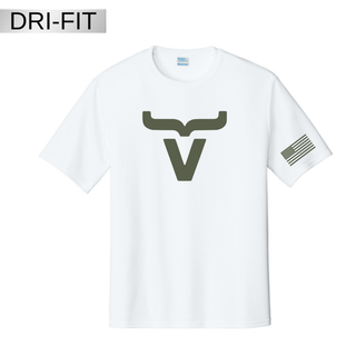 White dri-fit performance top with large sage ink Abbott Ranch brand logo and American flag sleeve