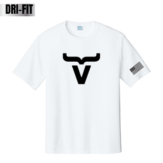 White dri-fit performance tee with large centered Abbott Ranch bull horn logo and American flag sleeve
