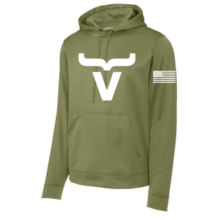 Olive drab green performance hoodie with large white Abbott Ranch brand logo centered on front and American flag on sleeve