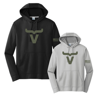 Abbott Ranch sage large brand logo performance hoodies in black and silver with American flag sleeve