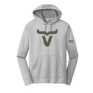 Silver performance hoodie with large sage ink Abbott Ranch brand logo and American flag on sleeve