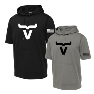 Black and dark smokey grey short sleeve hoodies with large centered Abbott Ranch bull horn logo and American flag sleeve
