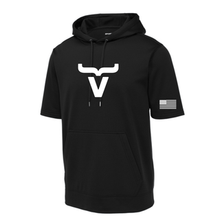 Black short sleeve hoodie with large centered Abbott Ranch bull horn logo and American flag sleeve front view
