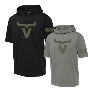 Abbott Ranch sage large brand logo short sleeve hoodies in black and dark smoke grey with American flag sleeve