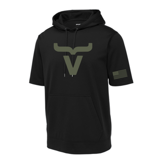 Black short sleeve hoodie with large sage ink Abbott Ranch brand logo and American flag sleeve