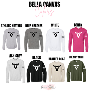 Bella Canvas Abbott Ranch large logo crewnecks in athletic heather, deep heather, white, berry, ash grey, black, heather dust, and military green