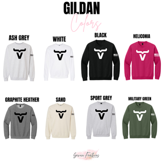 Gildan Abbott Ranch large logo crewnecks in ash grey, white, black, heliconia, graphite heather, sand, sport grey, and military green
