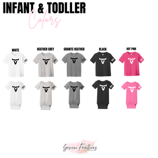 Abbott Ranch large logo infant and toddler tees and onesies in white, heather grey, granite heather, black, and hot pink with American flag sleeve