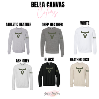Bella Canvas Abbott Ranch sage large logo crewnecks in athletic heather, deep heather, white, ash grey, black, and heather dust