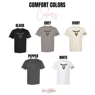 Comfort Colors Abbott Ranch sage large logo tees in black, grey, ivory, pepper, and white