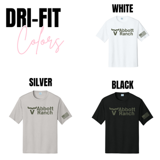 Abbott Ranch American Flag Sleeve Logo dri-fit performance tees in white, silver, and black with sage bull horn logo and American flag sleeve