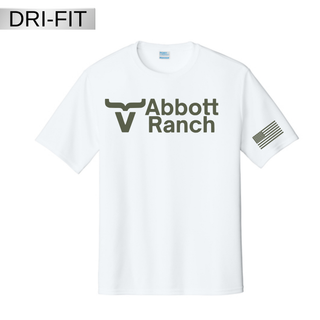White dri-fit performance tee with sage Abbott Ranch bull horn logo on front and sage American flag on sleeve