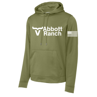 Olive drab green performance hoodie with white Abbott Ranch brand logo and American flag on sleeve