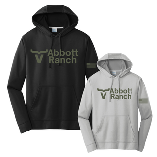 Abbott Ranch American Flag Sleeve Logo Performance Hoodies in Sage in black and silver with sage bull horn logo on front and sage American flag on sleeve