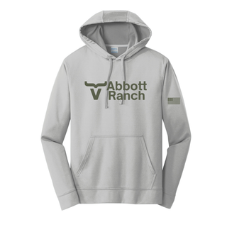 Silver Abbott Ranch American Flag Sleeve Logo Performance Hoodie in Sage with sage bull horn logo centered on front and sage American flag on sleeve