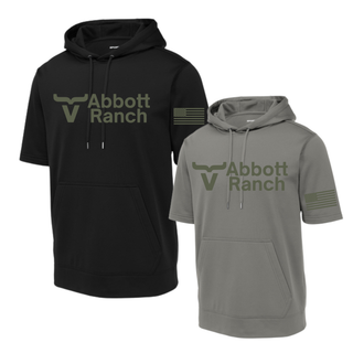 Abbott Ranch American Flag Sleeve Logo Short Sleeve Hoodies in Sage in black and dark smokey grey with sage bull horn logo on front and sage American flag on sleeve