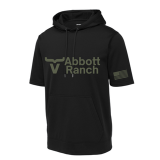 Black Abbott Ranch American Flag Sleeve Logo Short Sleeve Hoodie in Sage with sage bull horn logo centered on front and sage American flag on sleeve