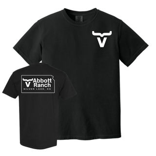 Black Comfort Colors tee showing bull horn chest logo front and Abbott Ranch Silver Lake KS box logo back

