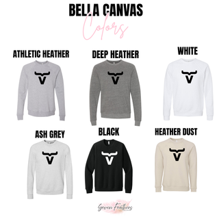Bella Canvas crewneck color options in athletic heather, deep heather, white, ash grey, black, and heather dust
