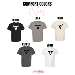 Comfort Colors tee color options in black, grey, ivory, pepper, and white
