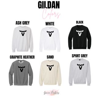 Gildan crewneck color options in ash grey, white, black, graphite heather, sand, and sport grey
