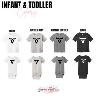 Infant and toddler tees and onesies in white, heather grey, granite heather, and black with Abbott Ranch brand logo
