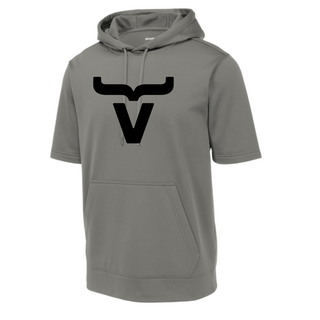 Dark smoke grey Sport-Tek short sleeve hooded pullover with black Abbott Ranch brand logo graphic
