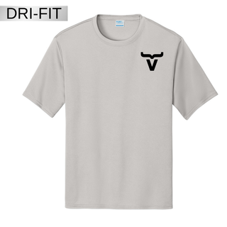 Silver dri-fit performance tee with Abbott Ranch bull horn brand pocket logo on chest
