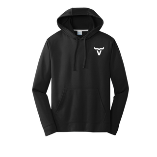 Black performance pullover hoodie with Abbott Ranch bull horn pocket logo on chest front view
