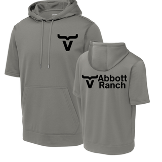 Abbott Ranch front and back black logo short sleeve hoodie in grey Sport Tek, made to order from Seven Feathers Boutique in Silver Lake Kansas